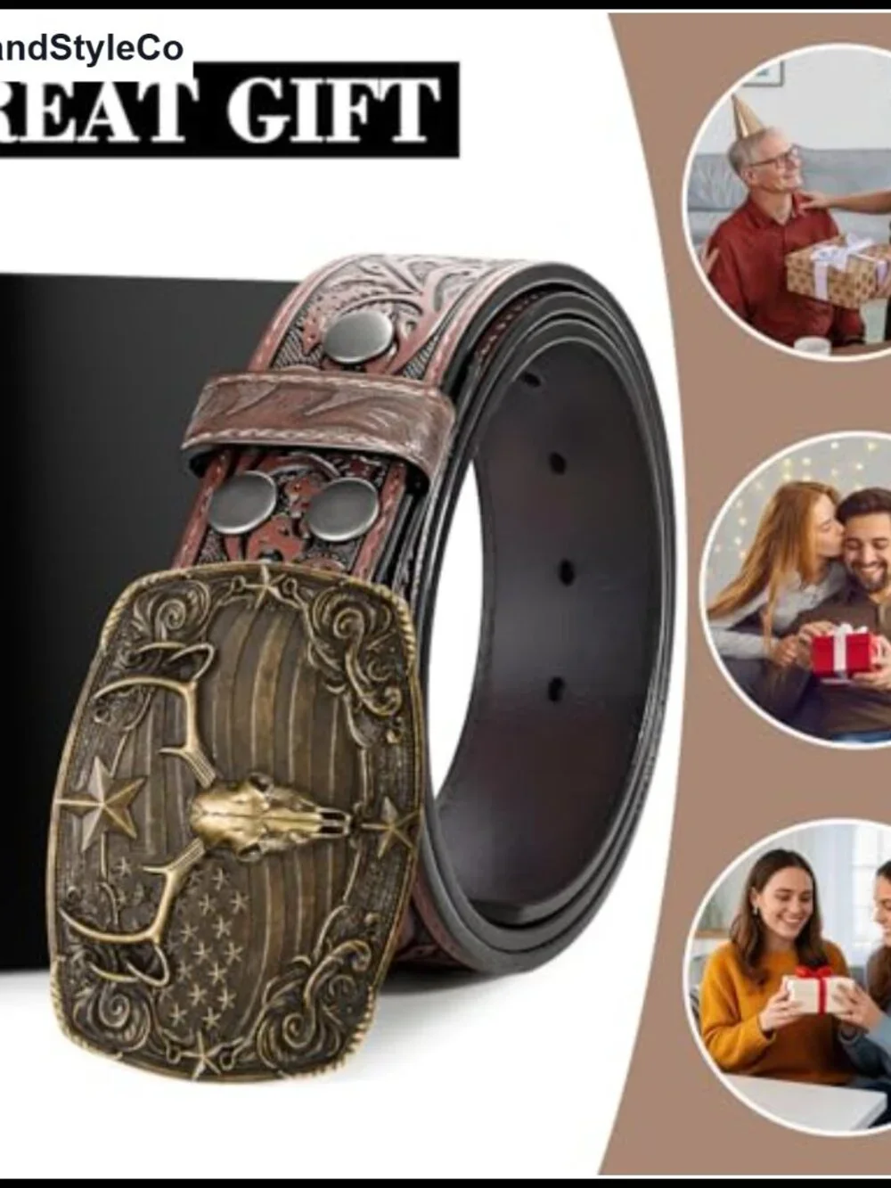 Western Cowboy Belt Adjustable PU Leather Vintage Floral Men Women